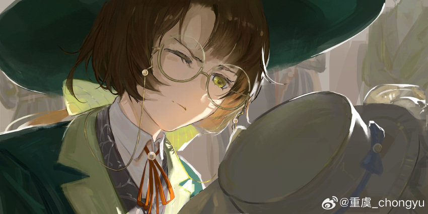 ;(, backlighting, bow, brown_hair, chongyu, collared_shirt, crowd, eyewear_strap
