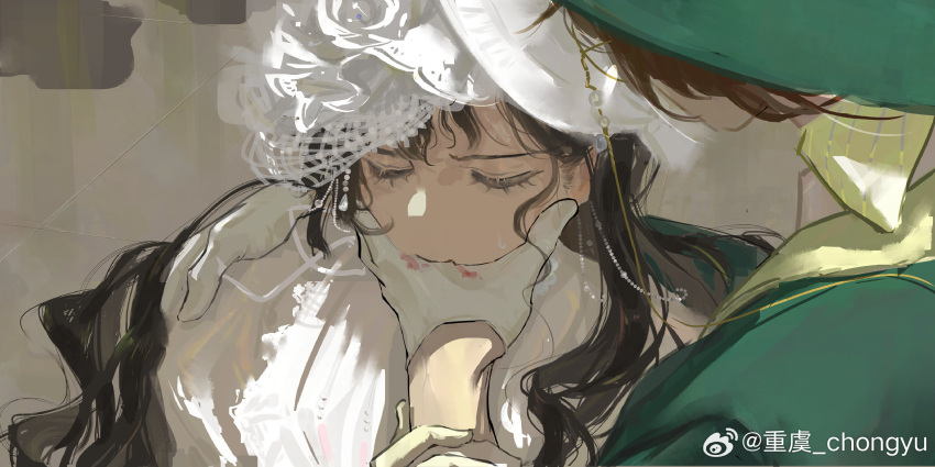 2girls, biting, biting_another's_hand, black_hair, bow, brown_hair, chongyu, closed_eyes