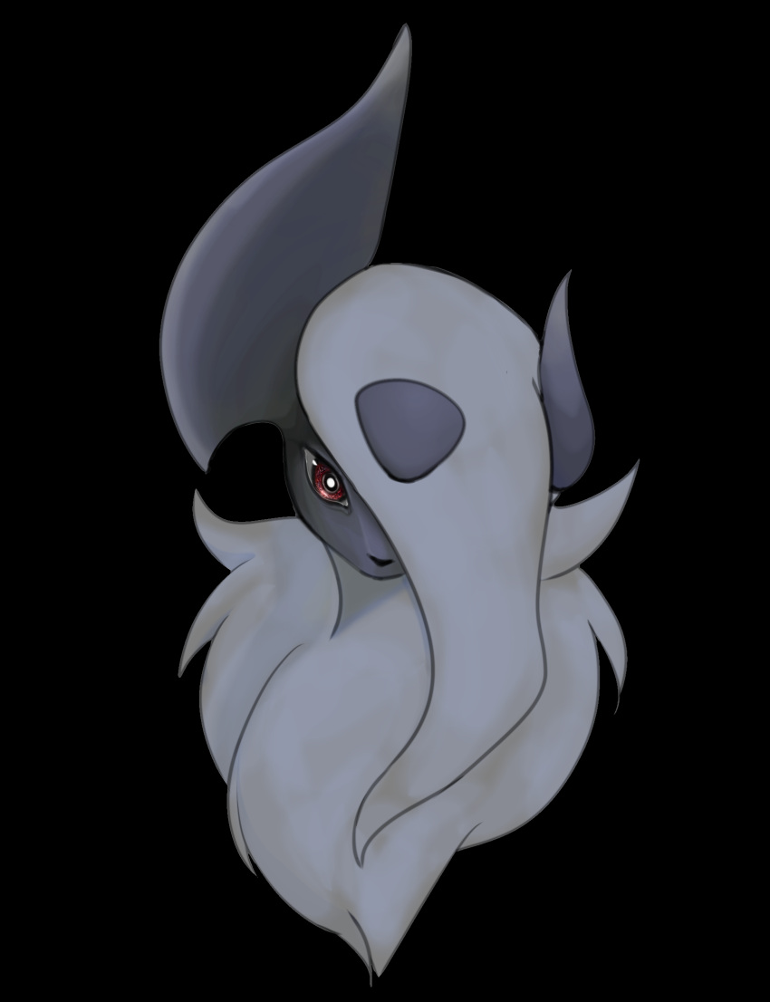 absol, black_background, bright_pupils, commentary, hair_over_one_eye, highres, long_hair, looking_at_viewer