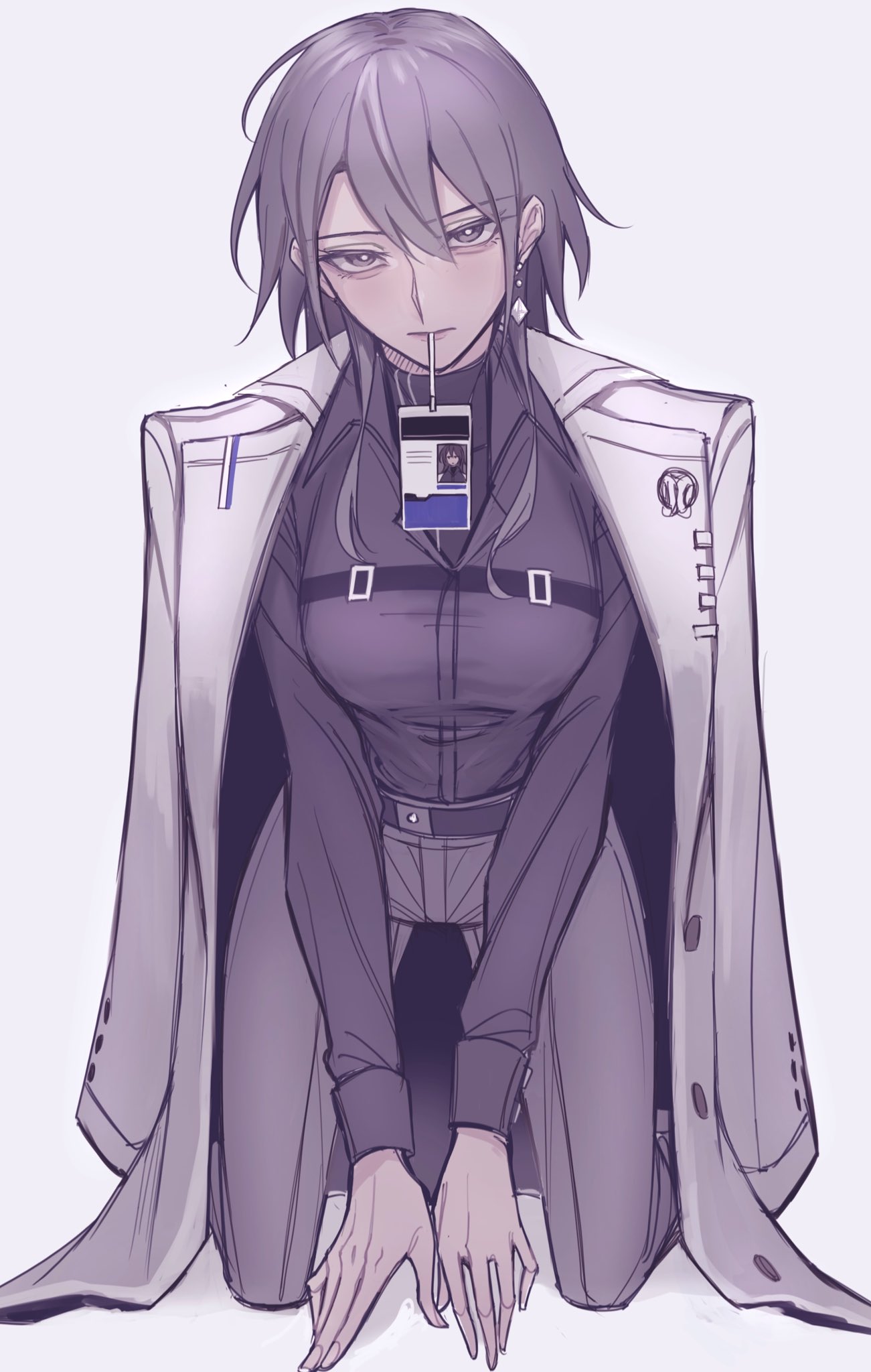 1girl, black_hair, black_shirt, breasts, chief_(path_to_nowhere), closed_mouth, coat, coat_on_shoulders, collared_shirt, earrings, female_chief_(path_to_nowhere), grey_background, grey_coat, grey_pants, highres, id_card, jewelry, kneeling, large_breasts, long_sleeves, looking_at_viewer, mouth_hold, okkoooome, pants, path_to_nowhere, shirt, simple_background, solo