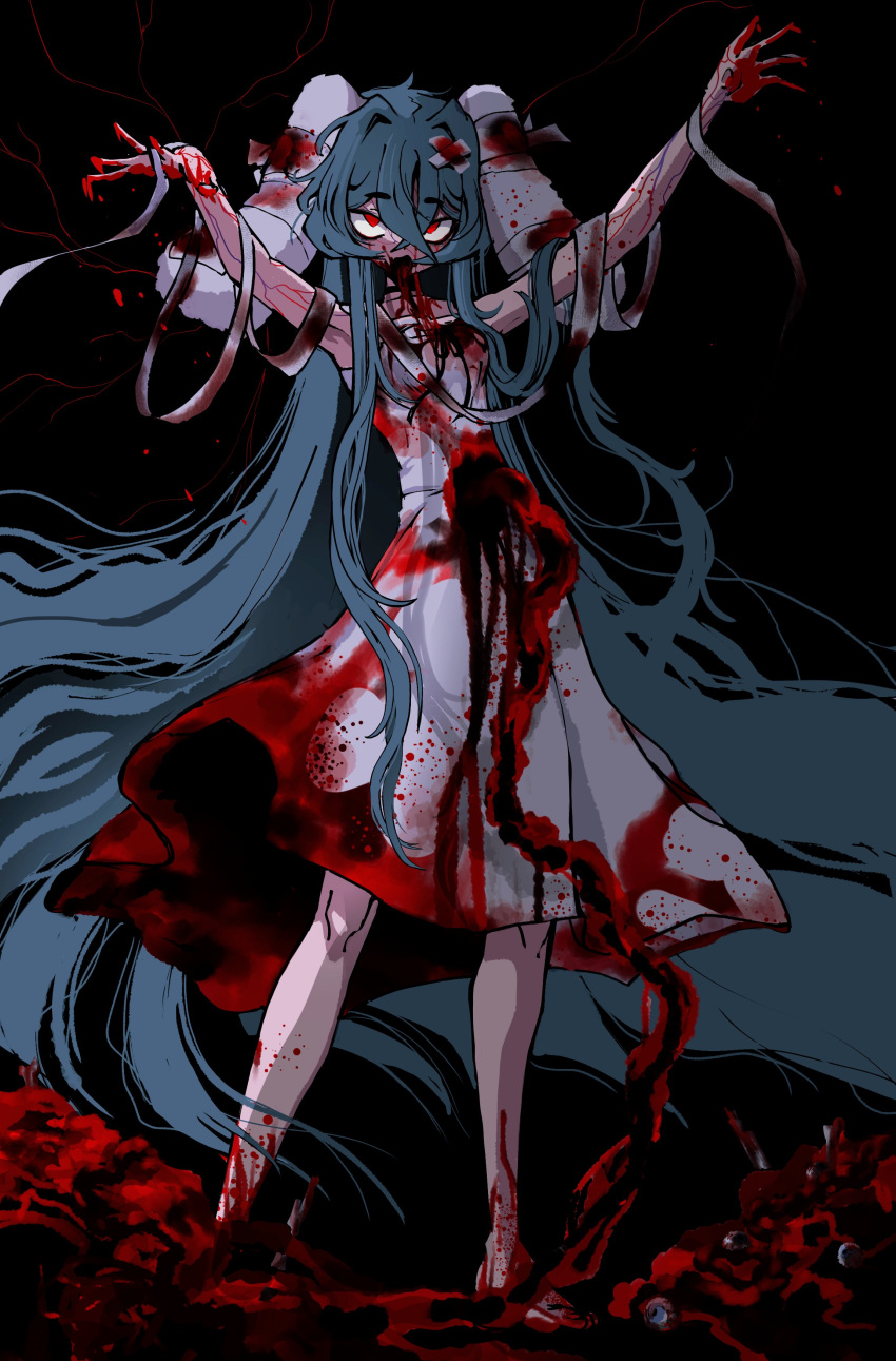 absurdres, animal_ears, arm_up, barefoot, black_background, black_choker, black_ribbon, blood