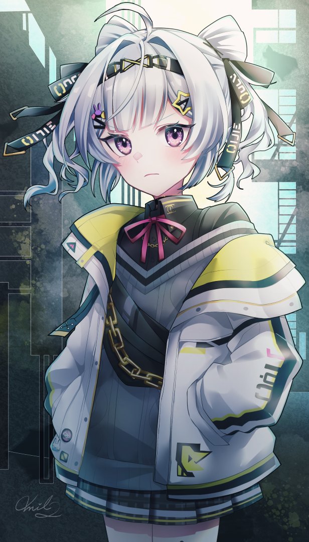 1girl, ahoge, black_hairband, black_ribbon, black_shirt, black_skirt, chain, closed_mouth, collared_shirt, cone_hair_bun, double_bun, gold_chain, grey_hair, grey_sweater, hair_bun, hair_ornament, hair_ribbon, hairband, hands_in_pockets, jacket, mil2, neck_ribbon, nijisanji, nijisanji_en, open_clothes, open_jacket, pink_ribbon, plaid_clothes, plaid_skirt, rabbit_hair_ornament, ribbon, shirt, short_hair, signature, skirt, solo, star_(symbol), star_hair_ornament, sweater, violet_eyes, virtual_youtuber, white_jacket, zaion_lanza