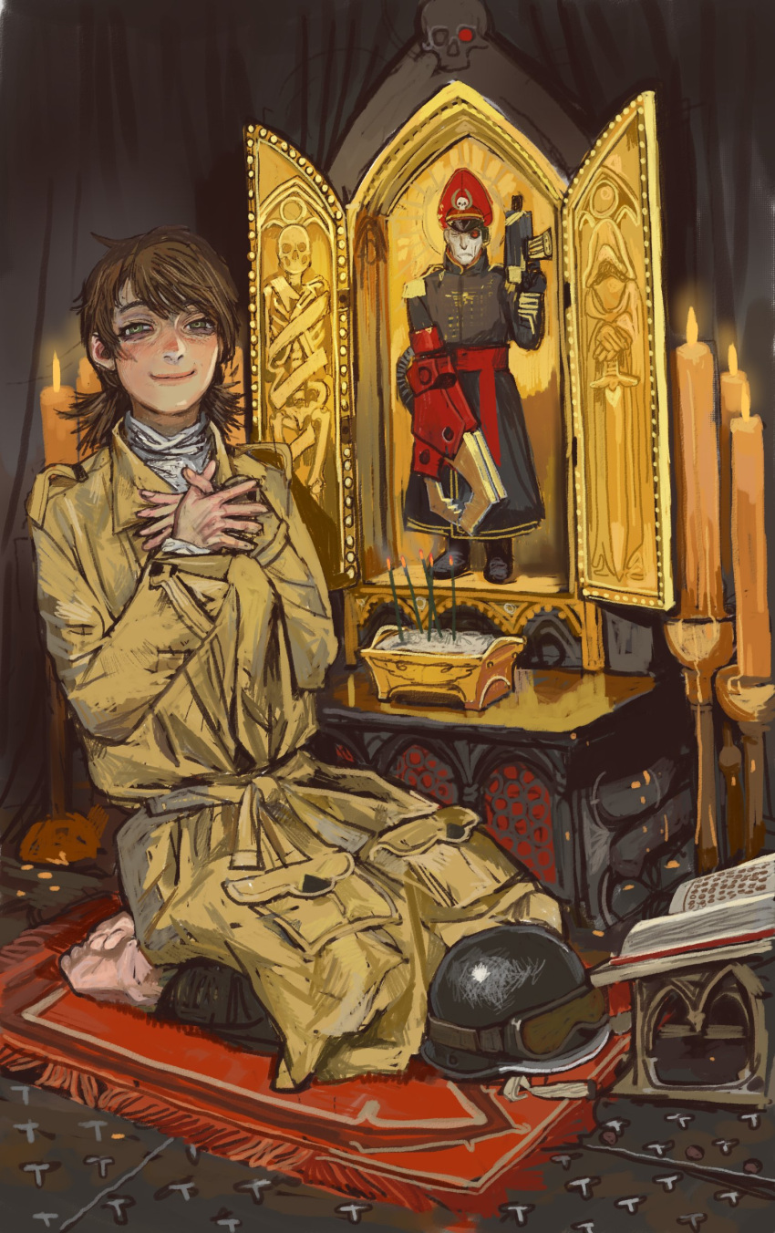 1boy, 1girl, absurdres, armageddon_steel_legion, astra_militarum, barefoot, bolter, book, bookshelf, brown_hair, candle, candlestand, church, coat, goggles, goggles_on_headwear, green_eyes, gun, handgun, hands_on_own_chest, hat, helmet, highres, incense, incense_burner, looking_at_viewer, mat, military_uniform, mossacannibalis, portrait_(object), praying, prosthesis, prosthetic_arm, sash, sebastian_yarrick, short_hair, smile, solo, temple, trench_coat, warhammer_40k, weapon