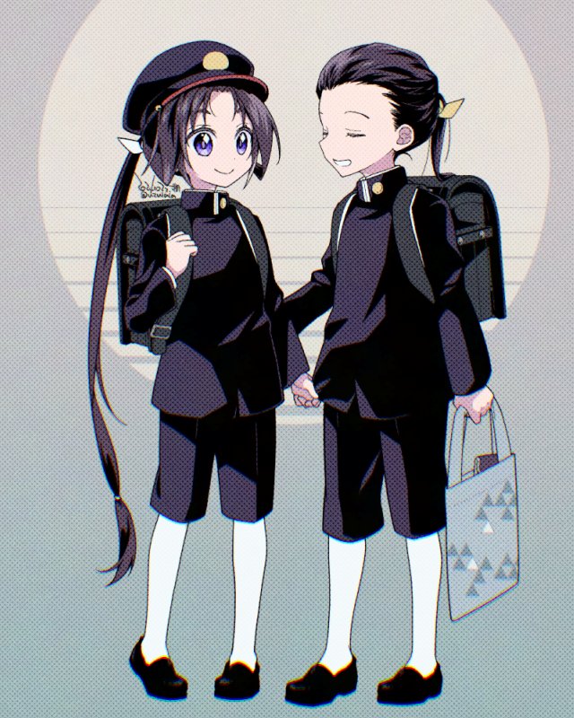 +_+, 2boys, backpack, bag, ben-day_dots, black_footwear, black_hair, black_jacket