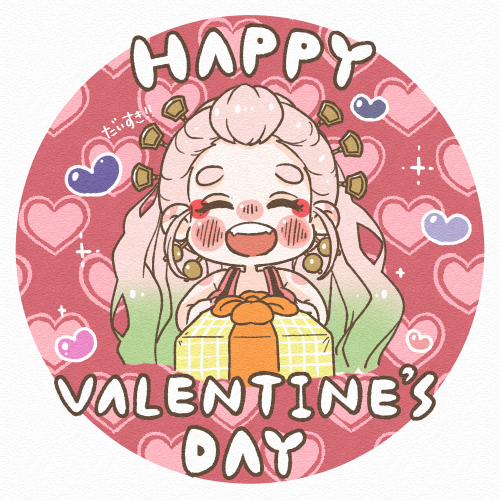1girl, blush_stickers, chibi, chibi_only, closed_eyes, daki_(kimetsu_no_yaiba), eyelashes, gift, gradient_hair, green_hair, happy, happy_valentine, heart, holding, holding_gift, hozumiaka, kimetsu_no_yaiba, long_hair, lowres, multicolored_hair, open_mouth, pink_hair, round_image, solo, sparkle, teeth, thick_eyebrows, upper_teeth_only