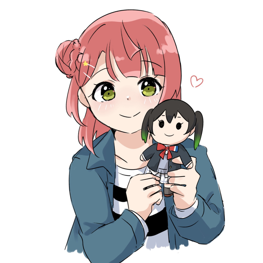 1girl, black_hair, black_jacket, black_shirt, black_thighhighs, blue_jacket, blunt_bangs, bun_with_braided_base