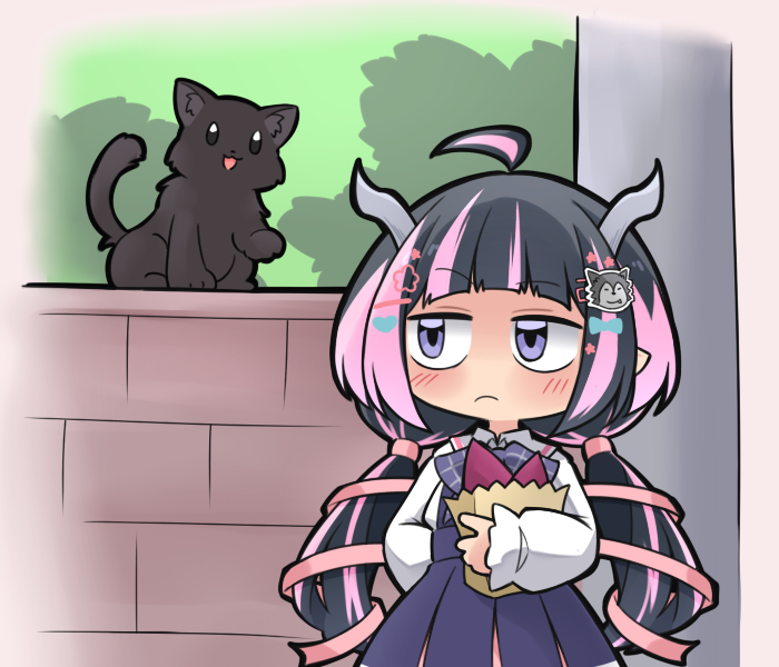 1girl, ahoge, arched_bangs, bag, black_hair, blue_eyes, blush, bow