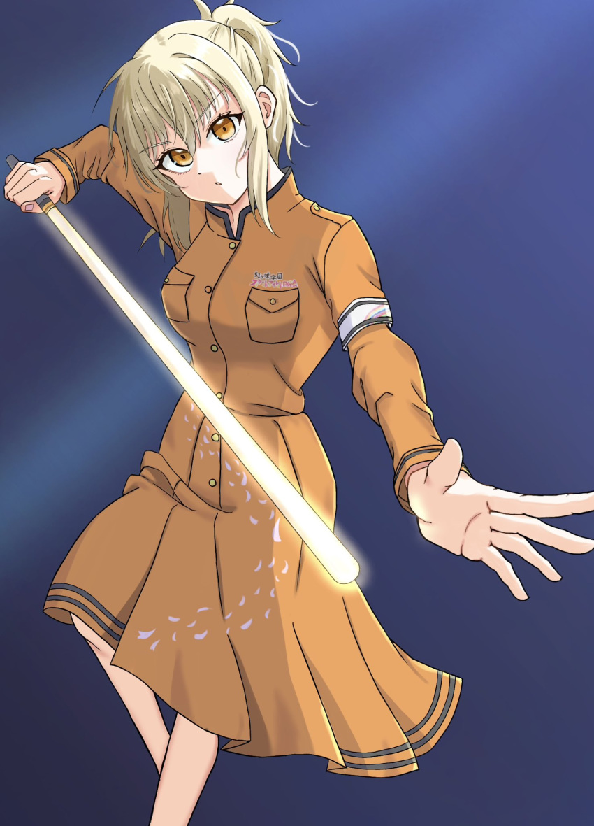 1girl, armband, blonde_hair, blue_background, breast_pocket, breasts, coat_dress, collared_dress, commentary_request, dress, feet_out_of_frame, glowstick, gradient_background, highres, holding, holding_glowstick, keitaro_tension, long_sleeves, looking_at_viewer, love_live!, love_live!_nijigasaki_high_school_idol_club, medium_breasts, medium_hair, miyashita_ai, official_alternate_costume, orange_dress, orange_eyes, parted_lips, penlight_(glowstick), pleated_dress, pocket, ponytail, ryouran!_victory_road_(love_live!), sidelocks, simple_background, solo, white_armband