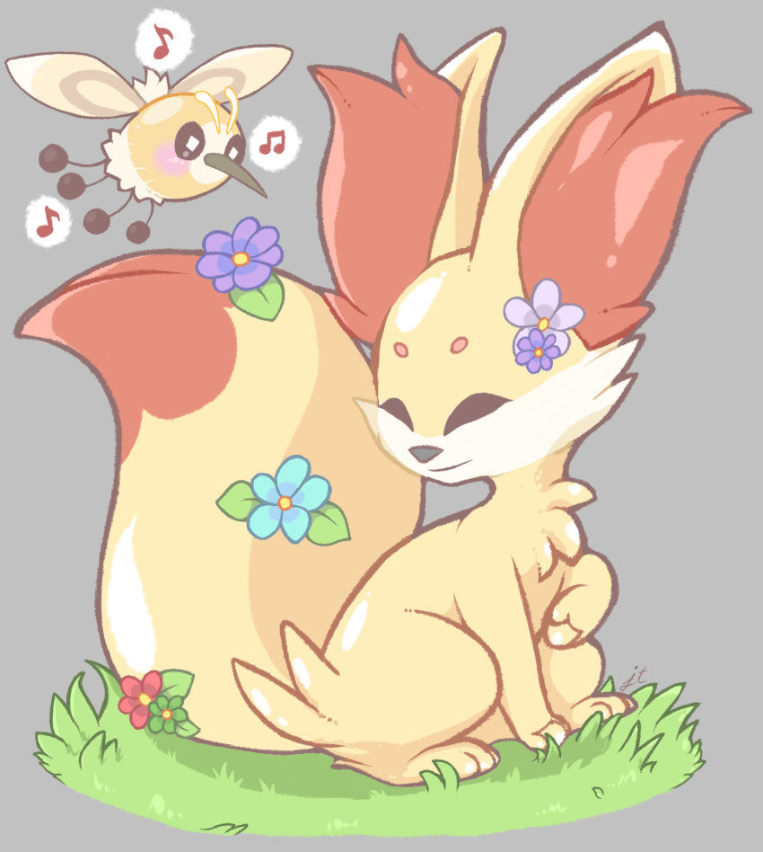 animal_ear_fluff, animal_focus, blue_flower, bright_pupils, closed_eyes, closed_mouth, commentary, cutiefly