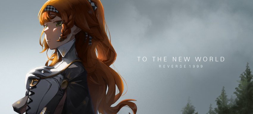 1girl, asymmetrical_sidelocks, backlighting, braided_sidelock, checkered_hairband, collared_dress, copyright_name, dress