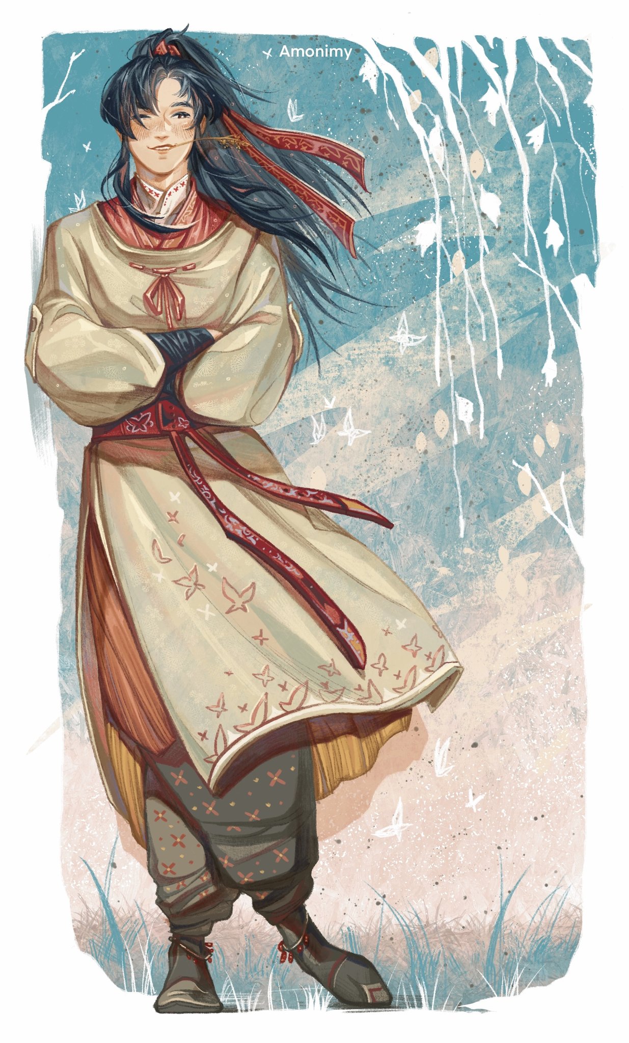 1boy, alternate_costume, amonimy, animal_print, artist_name, belt, black_eyes, black_hair