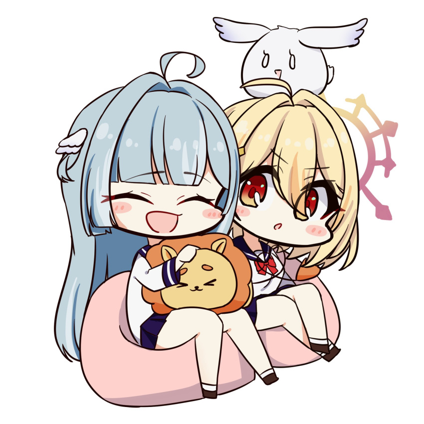 2girls, :d, ahoge, alternate_costume, amaui, bean_bag_chair, blonde_hair, blue_hair