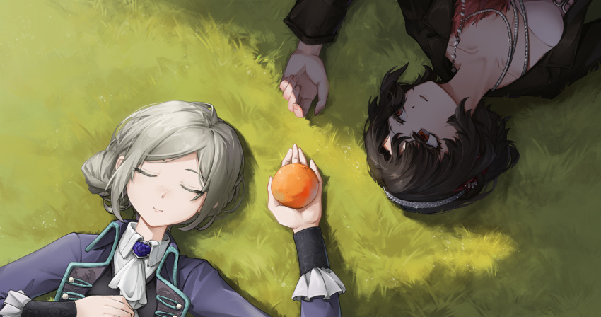 2girls, arm_up, ascot, black_coat, black_hair, closed_eyes, closed_mouth, coat