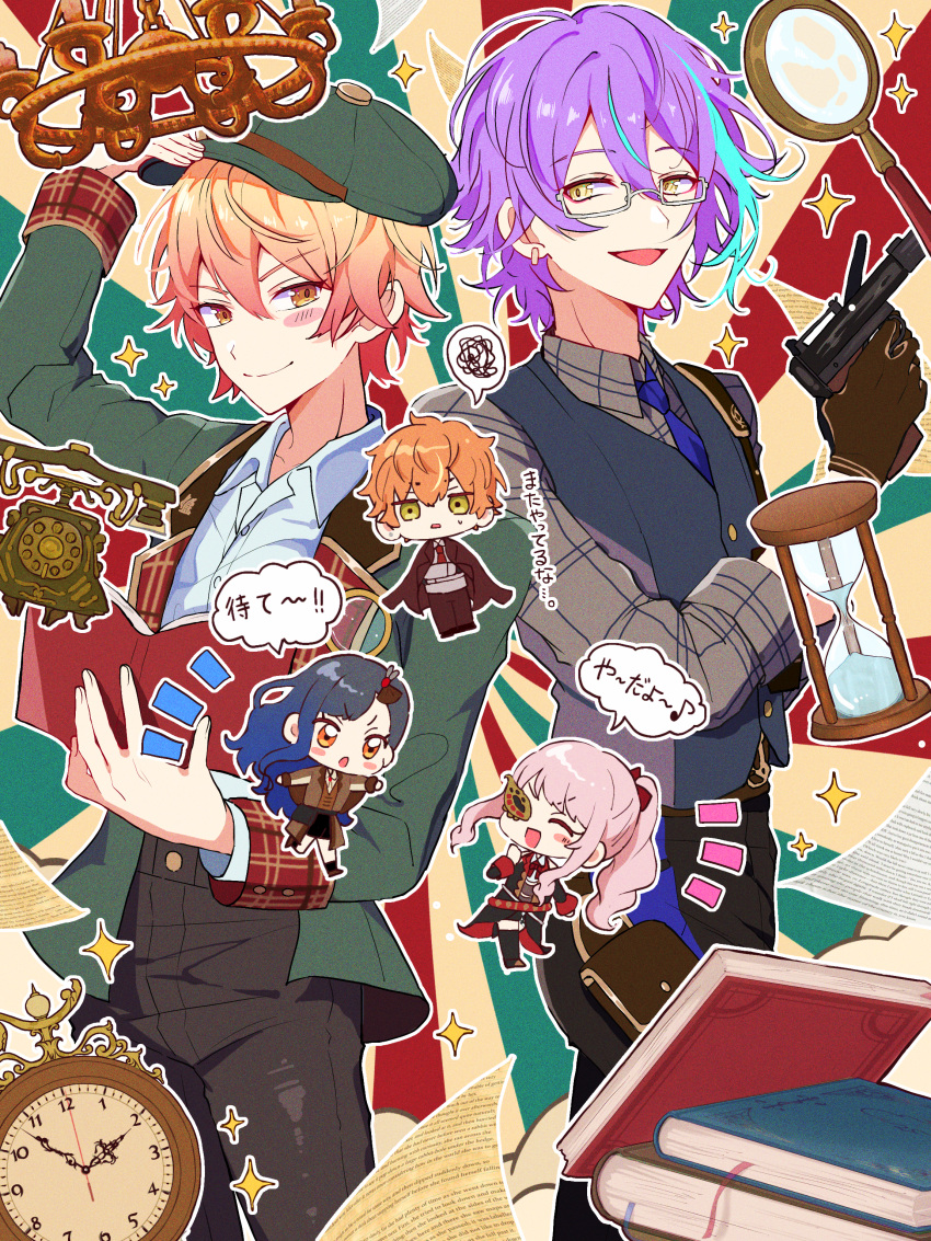 1girl, 1other, 3boys, absurdres, akiyama_mizuki, analog_clock, antique_phone, aqua_hair