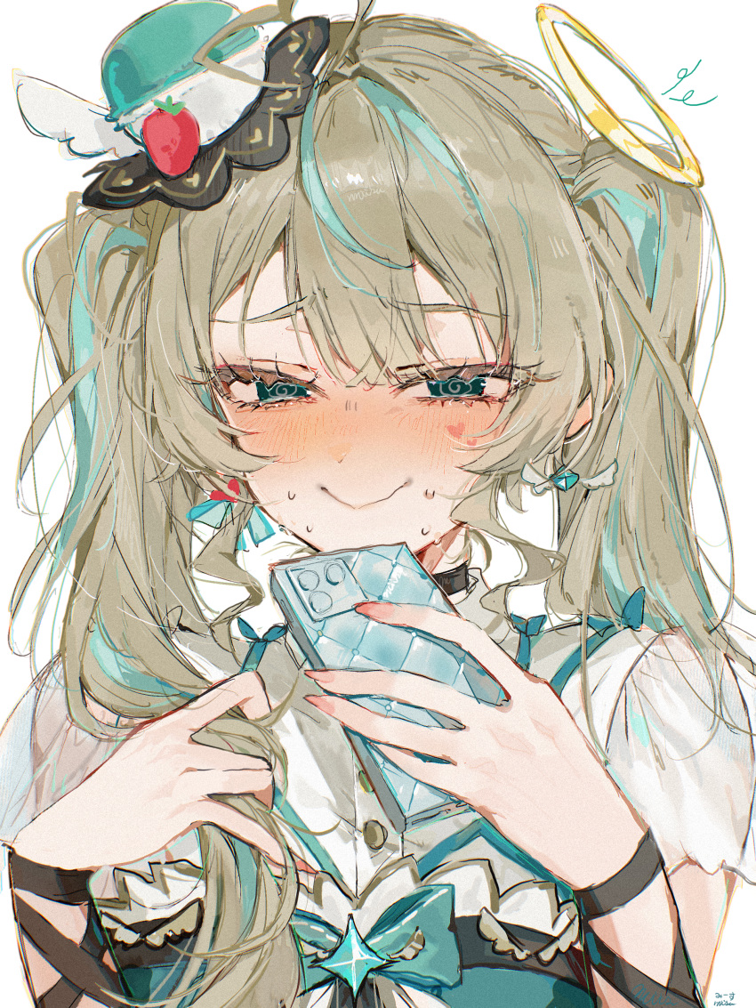 1girl, @_@, absurdres, amau_syrup, blue_bow, blue_bowtie, blue_eyes, blue_hair