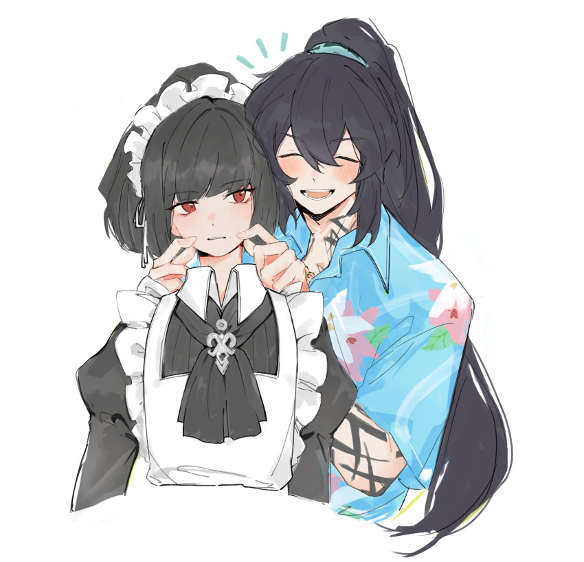 1boy, 1girl, :d, absurdres, apron, arm_tattoo, behind_another, black_hair, blue_hairband, blue_shirt, blunt_bangs, bob_cut, cheek_pinching, closed_eyes, collared_shirt, cropped_torso, crossed_bangs, dot_nose, flower, hairband, hawaiian_shirt, high_collar, high_ponytail, highres, hong_lu_(project_moon), limbus_company, long_hair, looking_at_viewer, maid, maid_apron, maid_headdress, munh422, neck_tattoo, open_mouth, pinching, ponytail, project_moon, red_eyes, ryoshu_(project_moon), shirt, short_hair, sidelocks, simple_background, smile, tattoo, teeth, very_long_hair, white_background