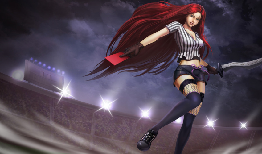dagger, holding, holding_card, katarina_(league_of_legends), katarina_du_couteau, league_of_legends, midriff, official_art, penalty_card, red_card, red_hair, redhead, referee, soccer, thigh-highs, thighhighs, weapon