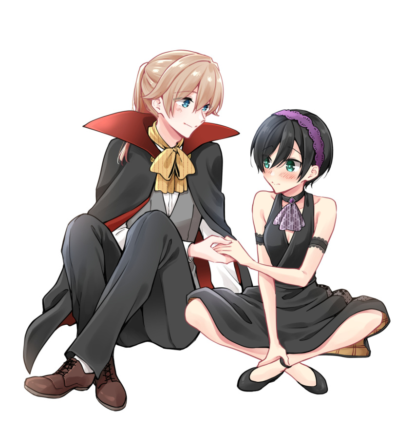 1boy, 1girl, anklet, aqua_eyes, arm_strap, asazuki_norito, ascot, black_choker