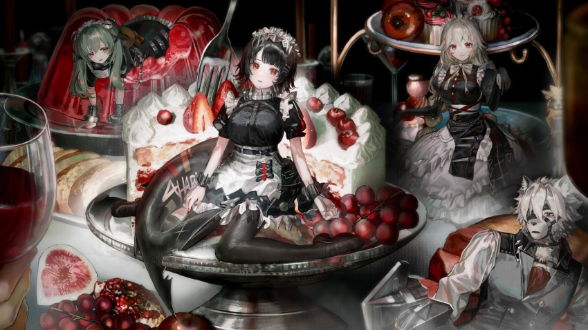 1boy, 3girls, alcohol, alexandrina_sebastiane, animal_ears, black_footwear, black_hair, black_pantyhose