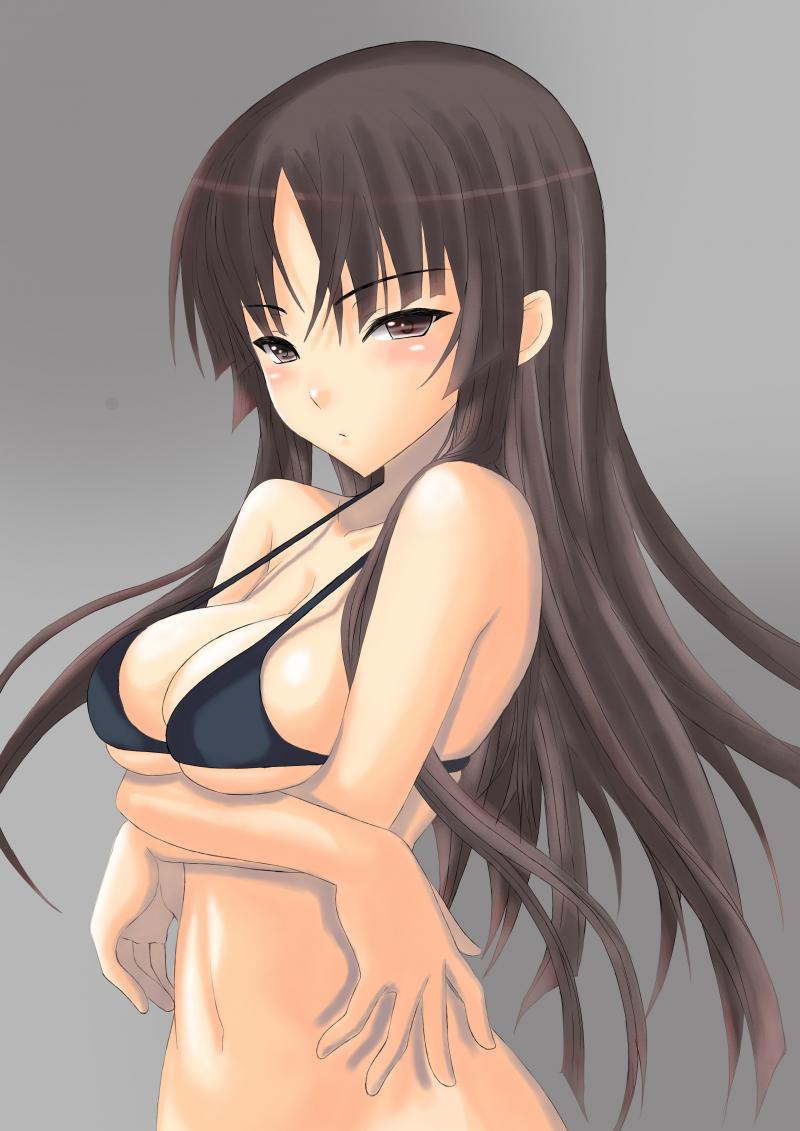 akiyama_mio, bikini, black_eyes, black_hair, blush, bottomless, breast_hold, breasts