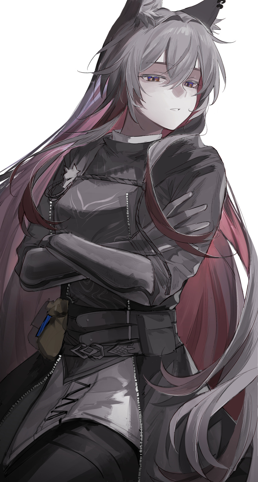 1girl, absurdres, animal_ear_fluff, animal_ear_piercing, animal_ears, arknights, belt, belt_pouch