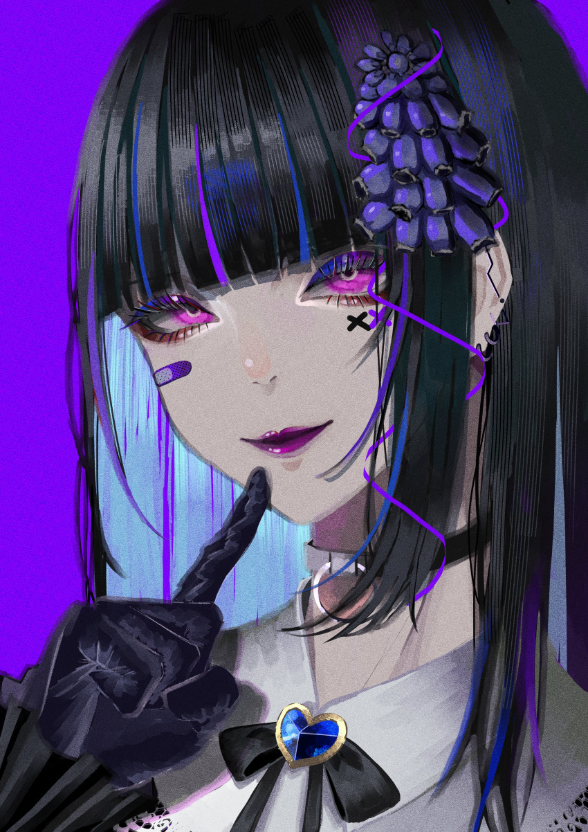 1girl, absurdres, bandaid, bandaid_on_face, black_choker, black_gloves, black_hair, black_ribbon