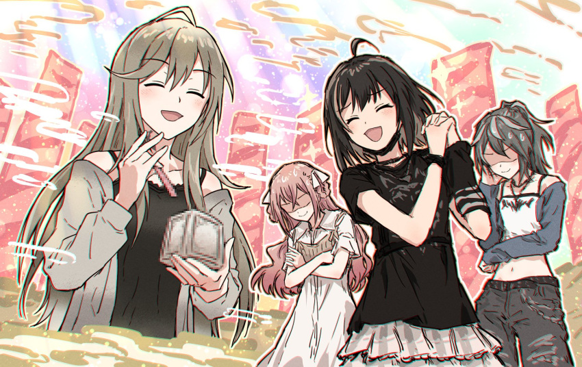 4girls, :d, ^_^, a_bad_cynic_doggo, ahoge, azai_eimi, bessyo_bell, black_camisole