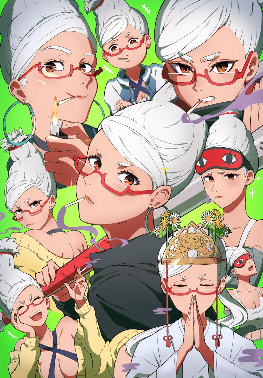 ayase_seiko, breasts, cigarette, closed_eyes, collage, dandadan, eye_mask, glasses
