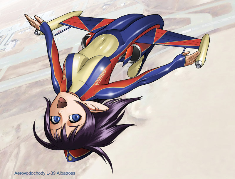 airplane, blue_eyes, bodysuit, flying, hat, janome_gochou, jet, latex