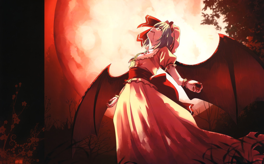 1girl, absurdres, blood, blue_hair, devil_wings, dress, flower, hat, highres, moon, night, red_eyes, red_moon, remilia_scarlet, ribbon, smile, solo, touhou, wings, yasuyuki