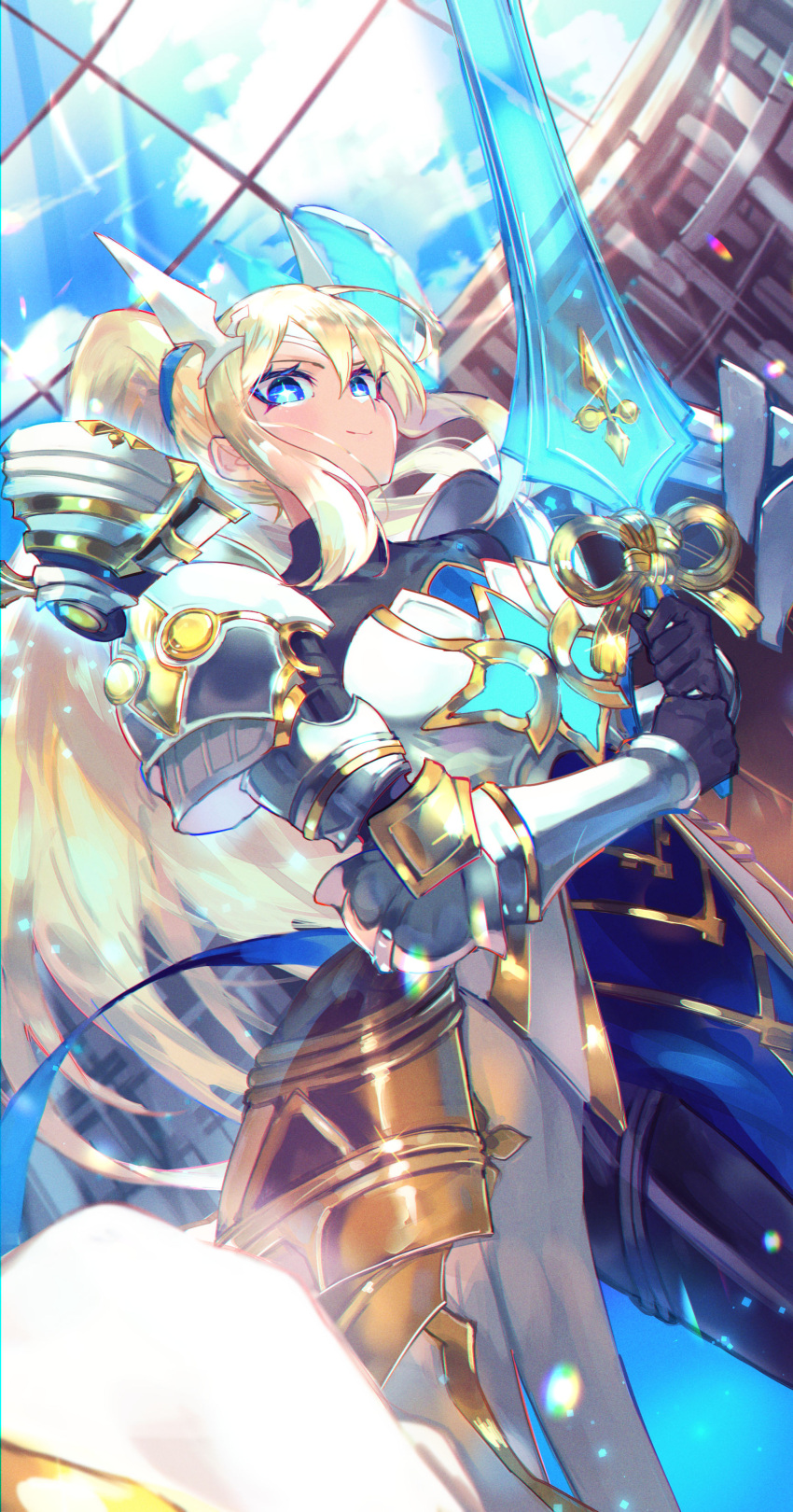 1girl, absurdres, armor, armored_dress, blonde_hair, blue_eyes, blush, bookshelf