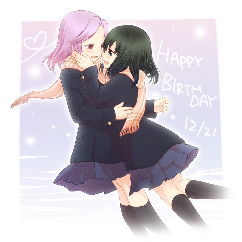 black_hair, chabacha, coat, green_eyes, happy_birthday, kajiki_yumi, kneehighs, mutual_yuri