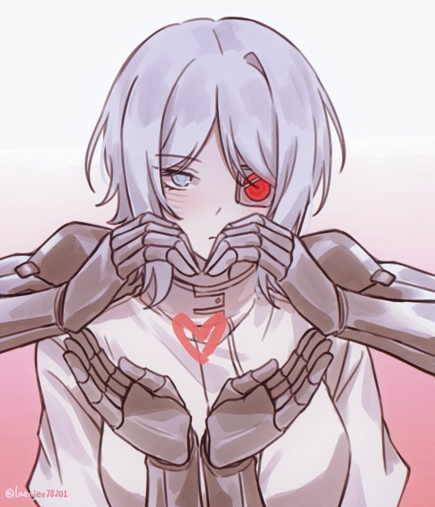 1girl, :|, blue_eyes, blush, breasts, closed_mouth, collared_jacket, cyborg