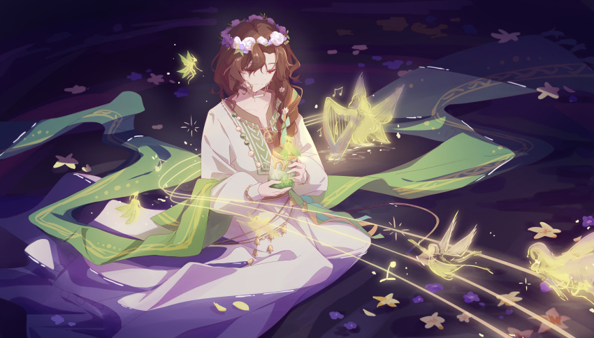 1girl, absurdres, beamed_eighth_notes, blue_flower, braces, braid, brown_eyes, brown_hair, dark_background, dress, fairy, flower, flower_wreath, full_body, green_shawl, hair_over_shoulder, harp, head_wreath, highres, holding, holding_jar, instrument, jar, long_dress, long_hair, looking_at_object, looking_down, meeeeei, music, musical_note, official_alternate_costume, partially_submerged, playing_instrument, reverse:1999, single_braid, sitting, smile, solo, tooth_fairy_(reverse:1999), white_dress, white_flower, yellow_flower, yokozuwari