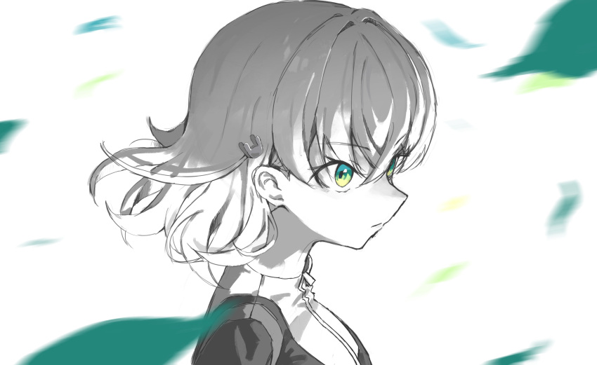 1girl, absurdres, closed_mouth, commentary, crossed_bangs, green_eyes, hair_ornament, hasu_no_sora_gym_uniform