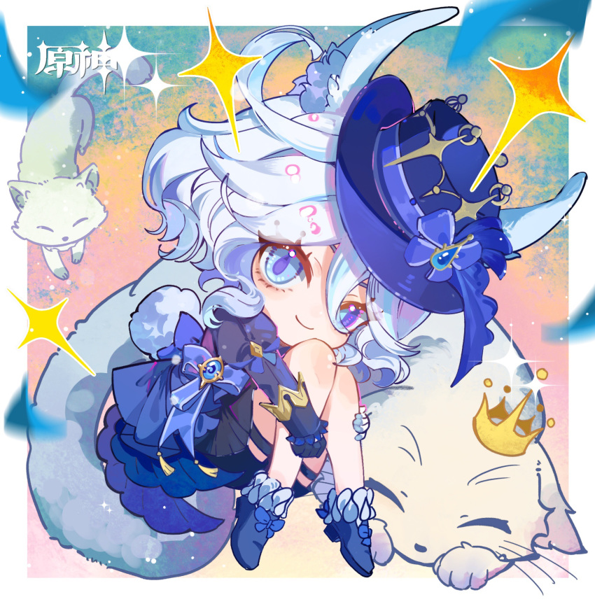1girl, animal, animal_ear_fluff, animal_ears, asymmetrical_gloves, blue_bow, blue_dress, blue_eyes