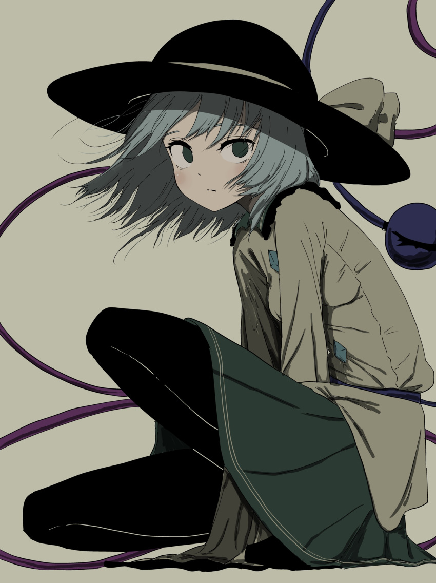 1girl, blush, bow, closed_mouth, eyeball, green_skirt, grey_background, grey_eyes