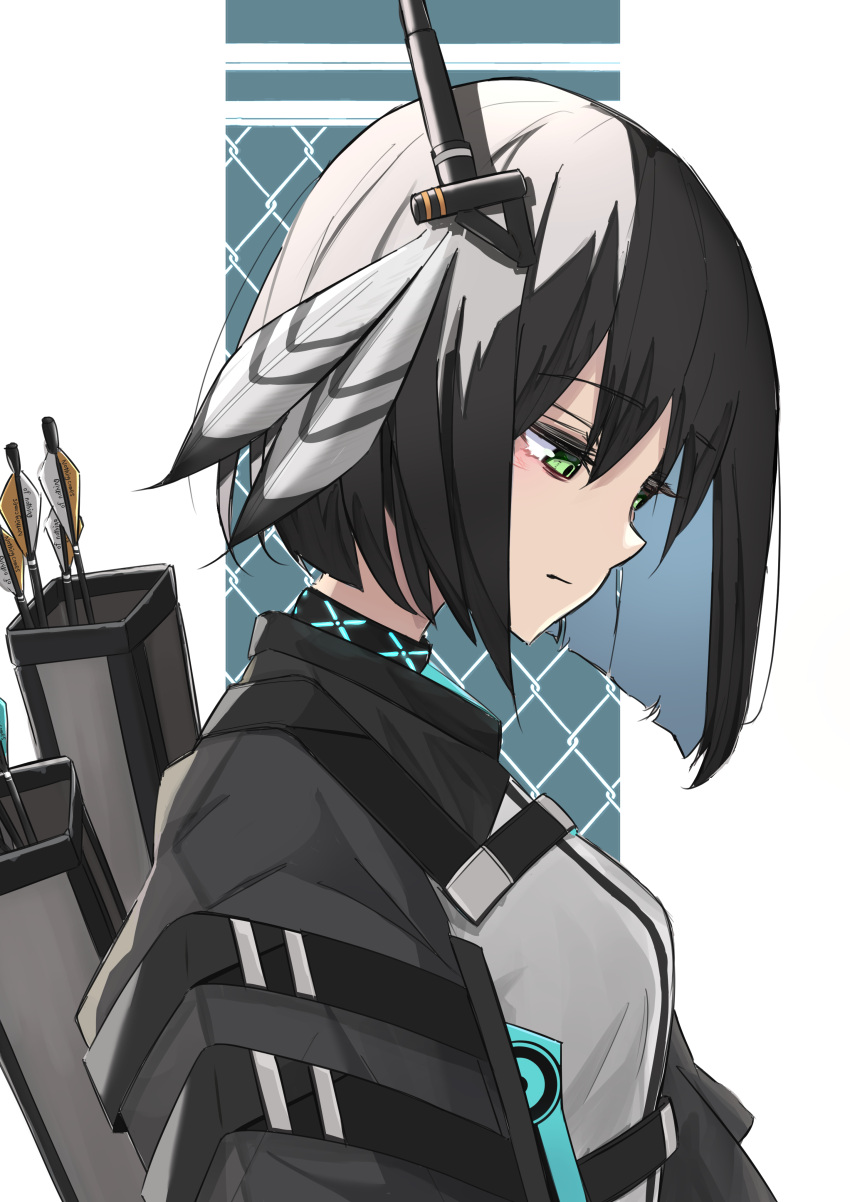 1girl, absurdres, arknights, black_jacket, breasts, closed_mouth, feather_hair, feathers