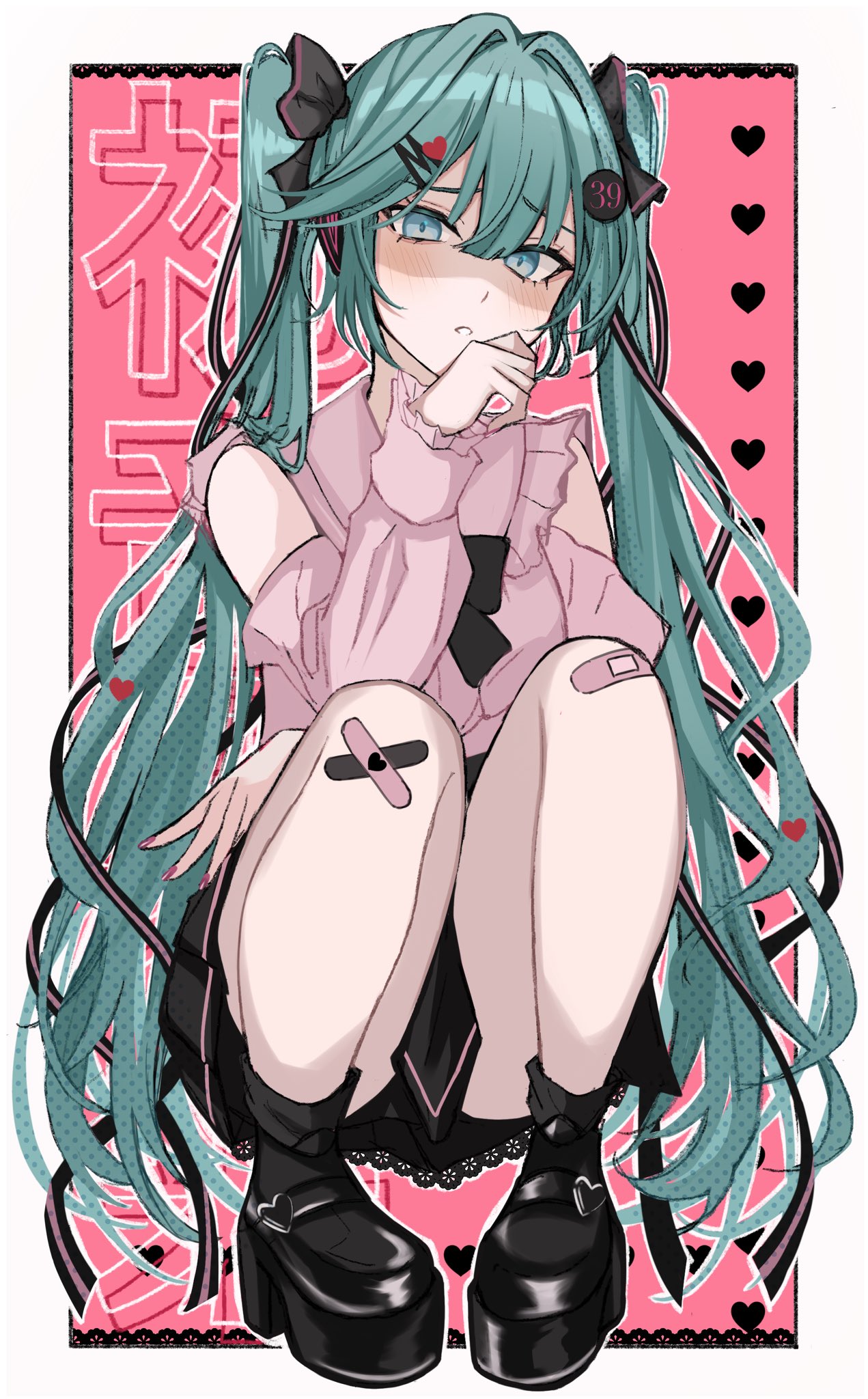 1girl, alternate_costume, aqua_eyes, aqua_hair, bandaid, bandaid_on_knee, bandaid_on_leg, black_bow, black_bowtie, black_footwear, black_skirt, bow, bowtie, garan_(garan0502), hair_ornament, hairclip, hatsune_miku, highres, jirai_kei, looking_at_viewer, pink_nails, pink_shirt, shirt, skirt, squatting, twintails, vocaloid