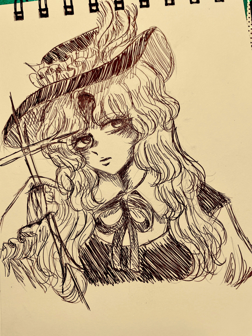 1girl, absurdres, cross, dolls_in_pseudo_paradise, frilled_hat, frills, hat, hat_feather