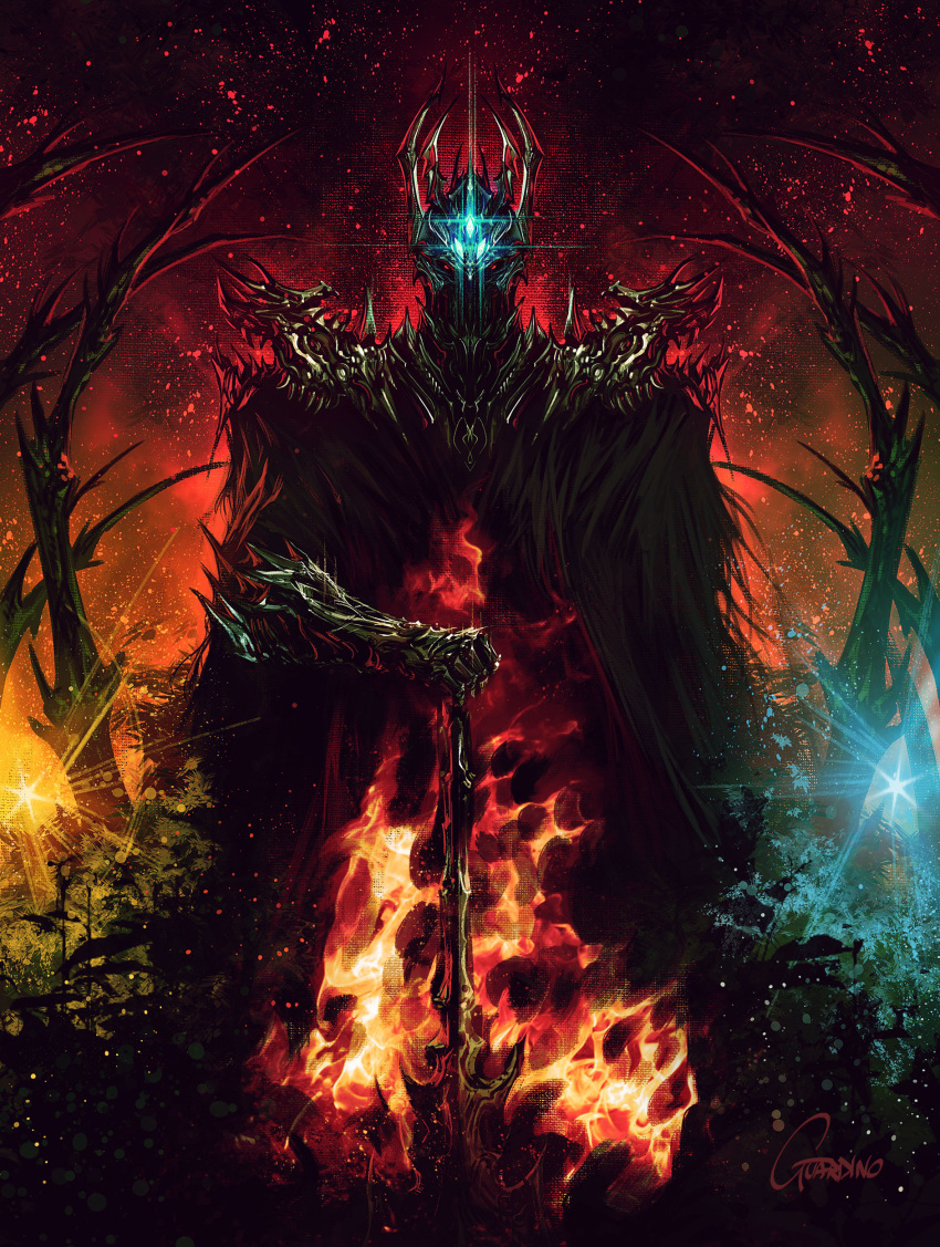 1boy, absurdres, andrea_guardino, armor, artist_name, black_cloak, cloak, commentary