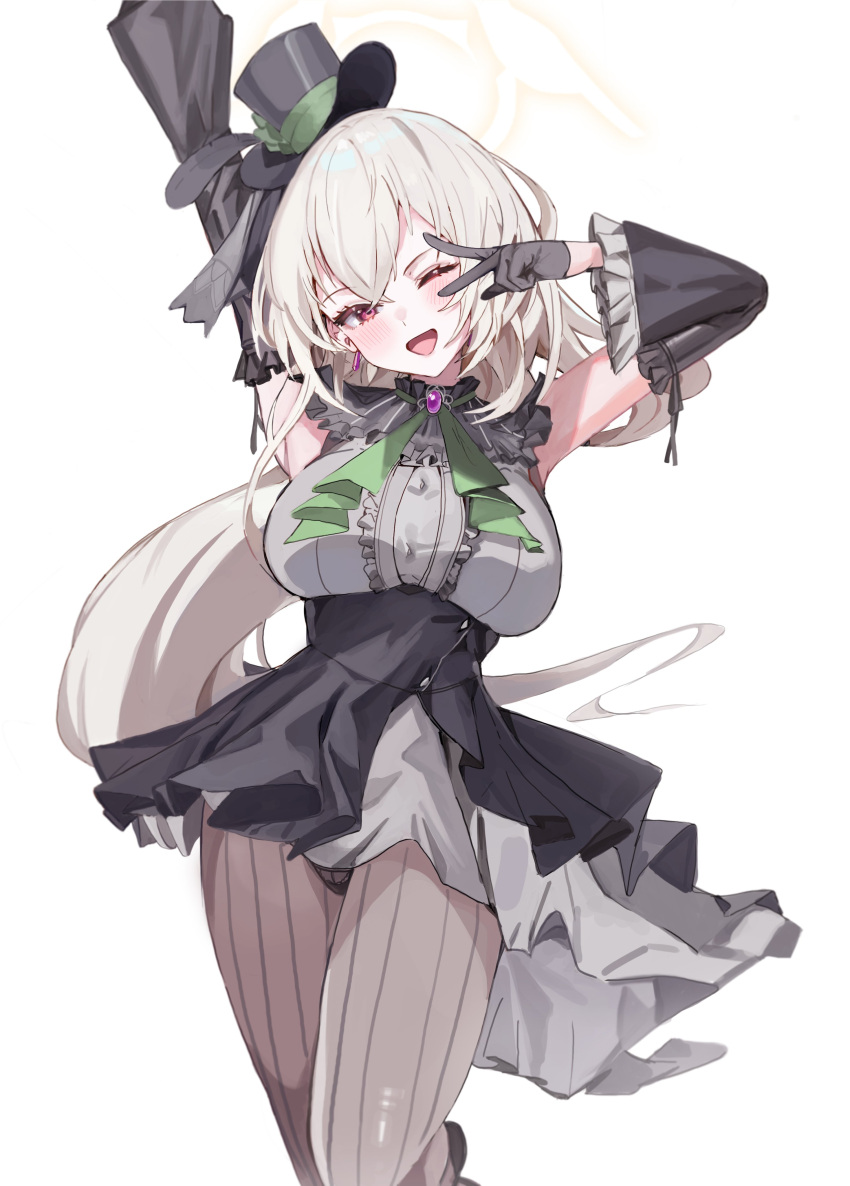 1girl, absurdres, arm_up, ascot, blue_archive, crossed_bangs, detached_sleeves, flower_hat, ggab0621, green_ascot, halo, hat, highres, idol, long_hair, mini_hat, mini_top_hat, official_alternate_costume, panties, pantyhose, pink_eyes, sakurako_(blue_archive), sakurako_(idol)_(blue_archive), striped_clothes, striped_panties, top_hat, underwear, v_over_eye, white_background, white_hair