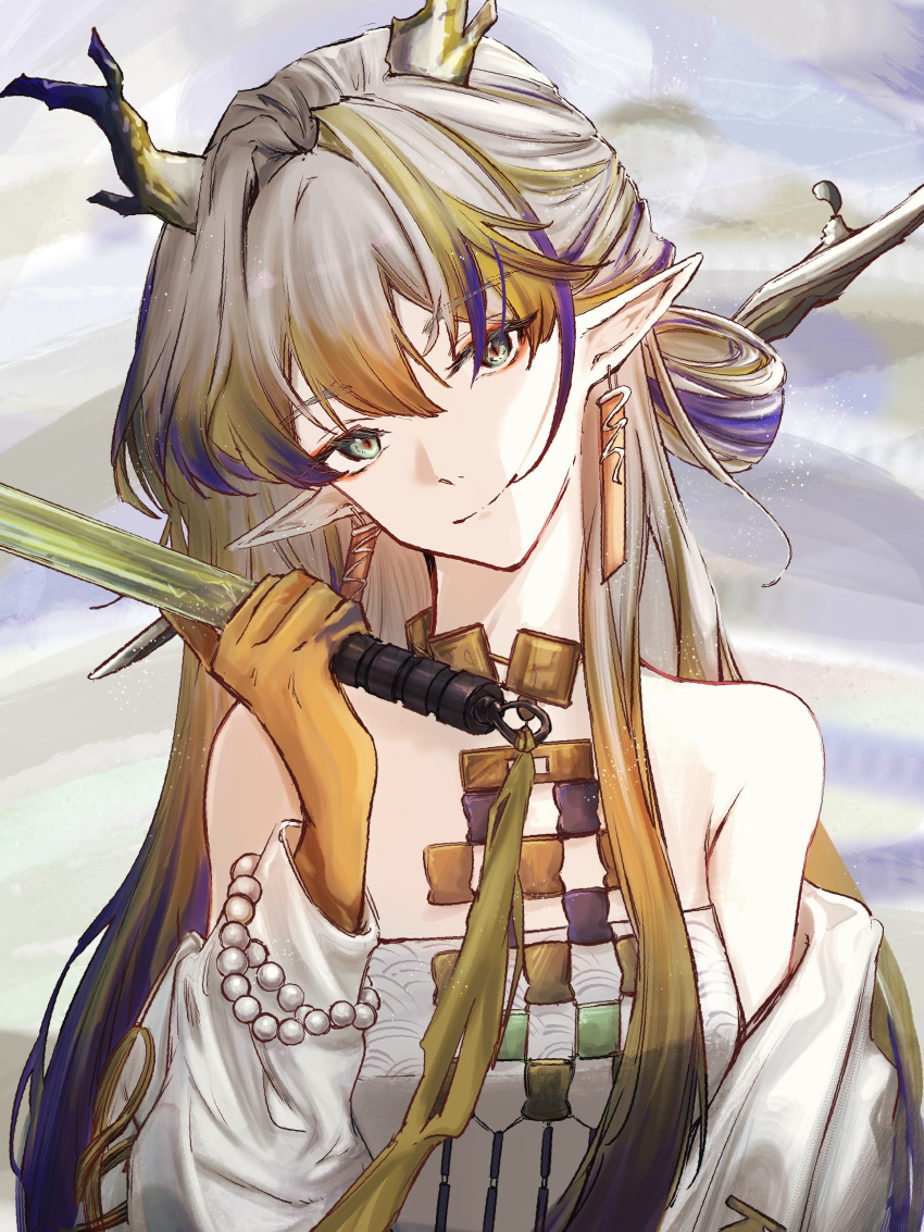 1girl, absurdres, arknights, bare_shoulders, blonde_hair, blue_hair, cheddar_n, closed_mouth