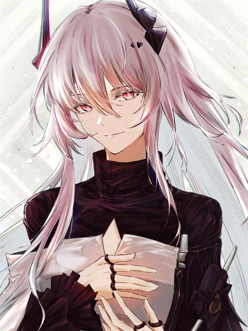 1girl, absurdres, arknights, black_dress, black_horns, cheddar_n, closed_mouth, demon_horns