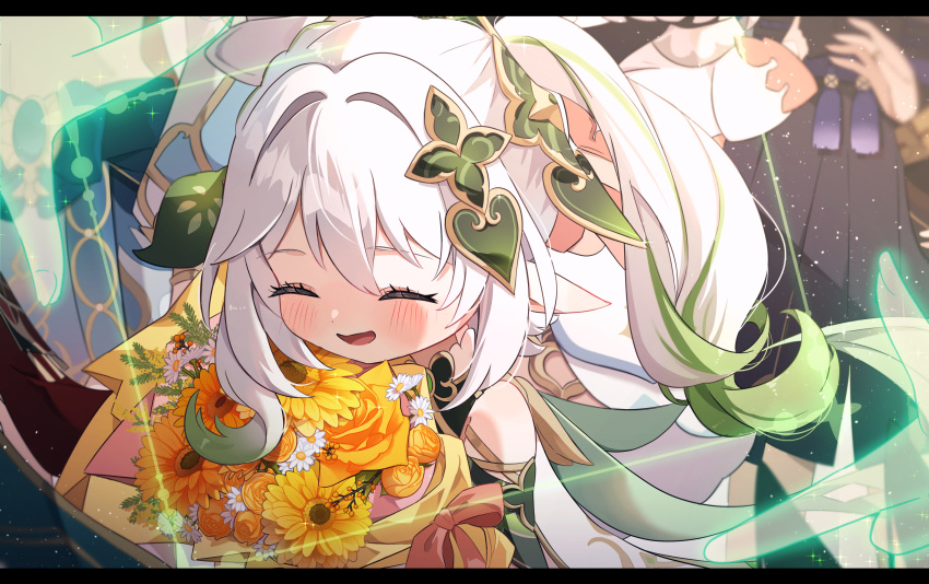 1girl, ^_^, absurdres, bare_shoulders, blush, bouquet, cape, closed_eyes