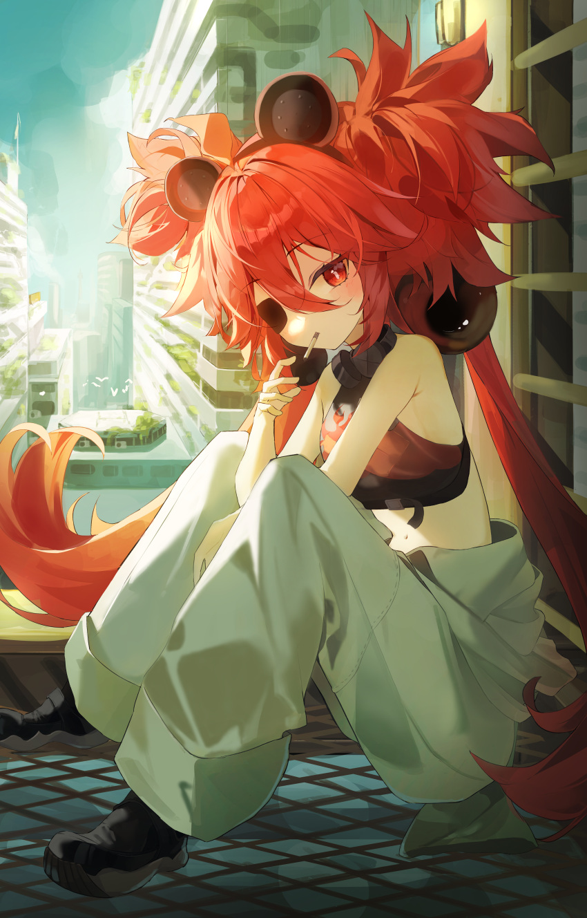 1girl, absurdres, animal_ears, bare_arms, bare_shoulders, bear_ears, black_footwear, building
