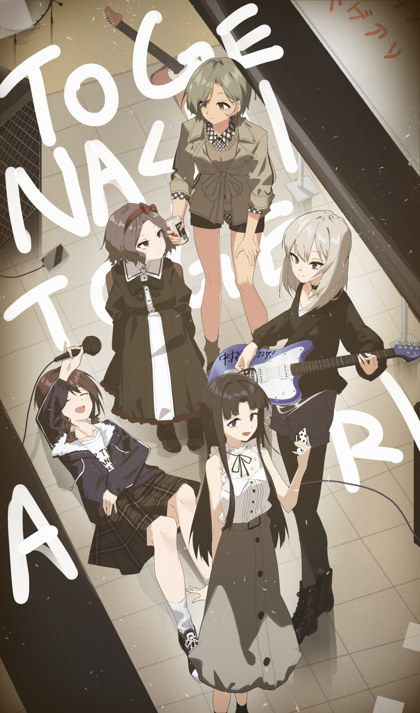 5girls, absurdres, ahoge, amplifier, awa_subaru, awmin, black_choker, black_dress