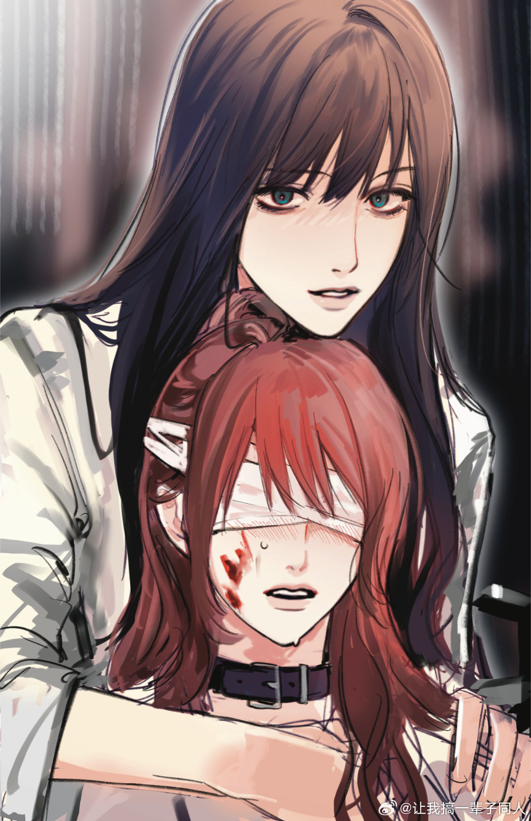 2girls, black_collar, black_hair, blindfold, blood, blood_on_face, blush, chinese_commentary, collar, commentary_request, gil_somyung, green_eyes, hand_on_another's_shoulder, hand_under_clothes, highres, jacket, like_mother_like_daughter, long_hair, looking_at_viewer, multiple_girls, nervous_sweating, open_mouth, redhead, seo_namsoo, sidelocks, siy_(shengxiu760722), sleeves_past_elbows, sweat, weibo_watermark, white_jacket, yuri