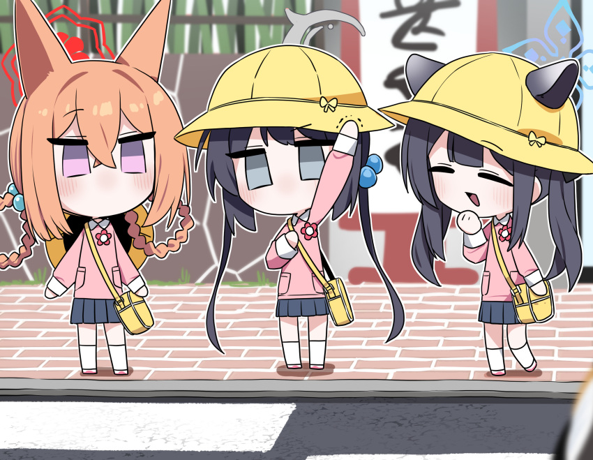 3girls, aged_down, animal_ears, b.t._(boob_tong), bad_link, bag, black_hair, black_skirt