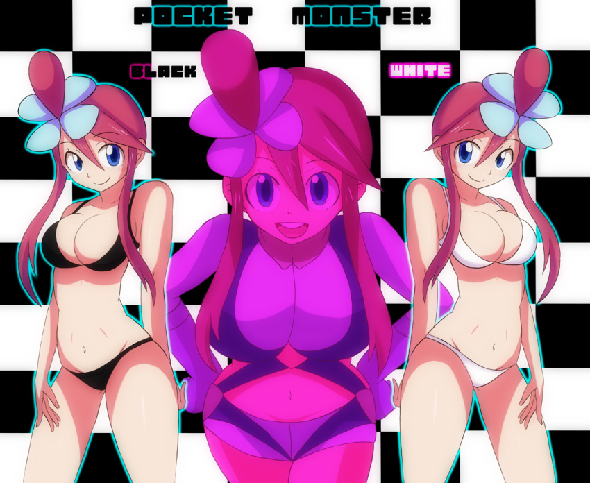 blue_eyes, breasts, checkered, cleavage, fuuro_(pokemon), long_hair, midriff, nnn